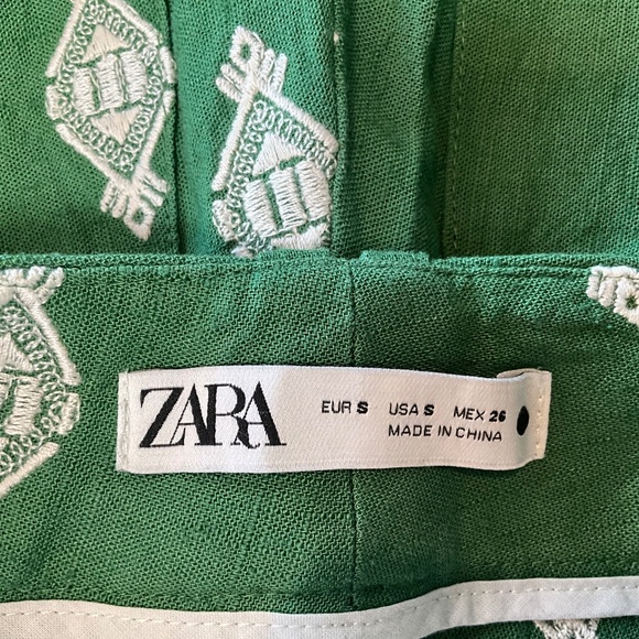 Zara Linen Embroidered Wide Leg Pants Lounge Travel Resortwear Green White S - Picture 10 of 10
